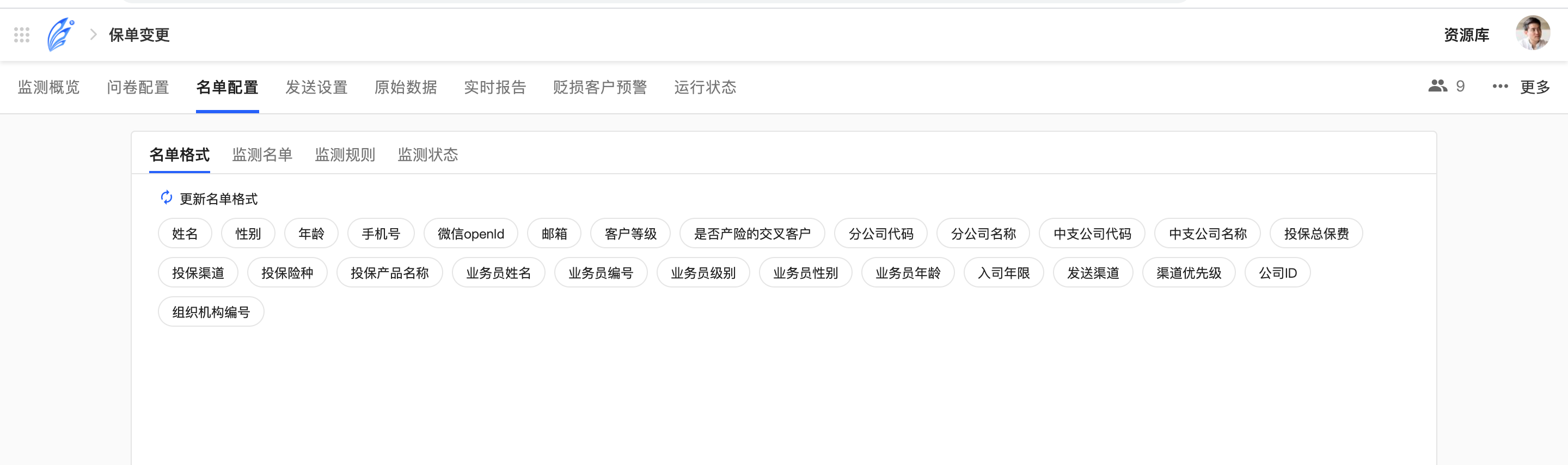 名单格式字段预览